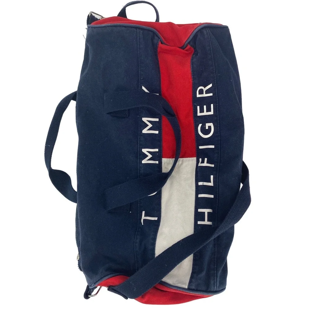 VTG Tommy Hilfiger Duffle Bag Men Blue Red Spell Out Casual Travel Gym Weekender